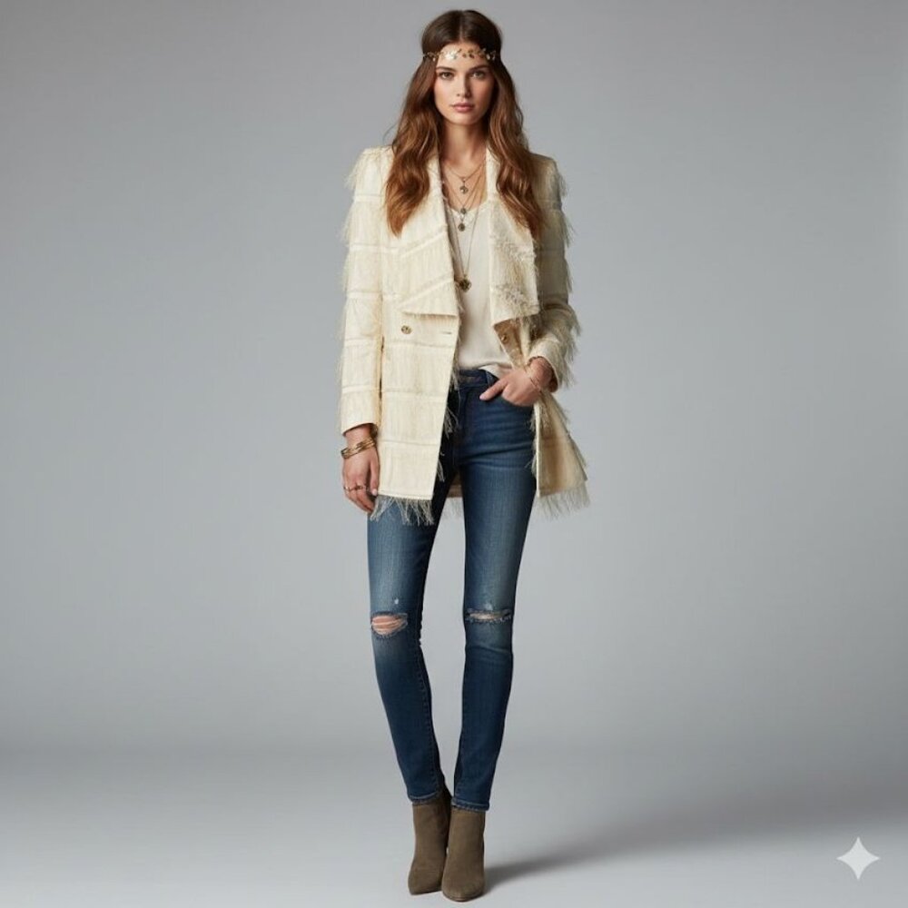 Valentina Shah Fringed Womem Size 0 Long Sleeve Mid-Length Overcoat Jacket Cream